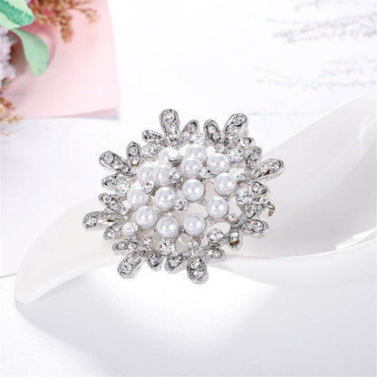 Clear Cubic Zirconia and Pearl Silver-Plated Flower Brooch, silver brooch pin, elegant gift for her, detail close-up