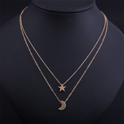 18K Gold-Plated Star and Moon Layered Necklace, gold pendant necklace for women, elegant gift for her, side view