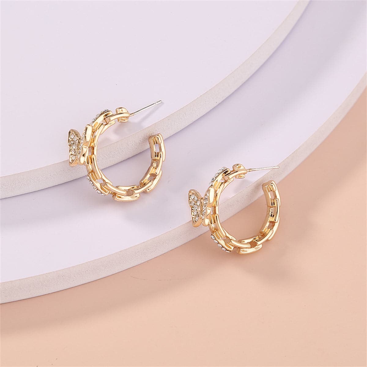 Cubic Zirconia and 18K Gold-Plated Chain Butterfly Huggie Earrings, gold huggie earrings, everyday style, side view