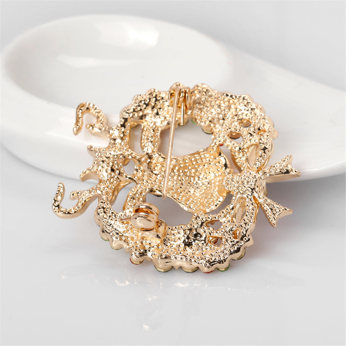 Cubic Zirconia and 18K Gold-Plated Botany Bow and Reindeer Brooch, gold brooch pin, everyday style, lifestyle look