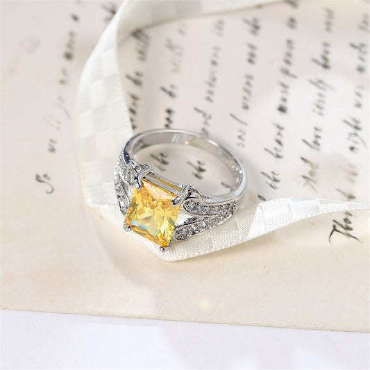 Yellow Crystal and Cubic Zirconia Princess-Cut Ring, statement rings for women, vintage-inspired design, front view