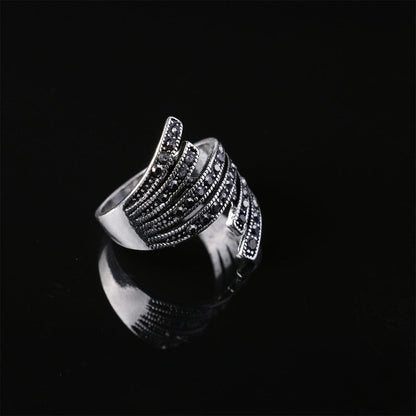 Black Cubic Zirconia Wing Band Ring, statement rings for women, vintage-inspired design, detail close-up
