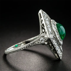 Green Crystal & Cubic Zirconia Silver-Plated Vintage-Inspired Rhombus Ring