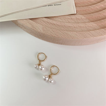 Pearl and 18K Gold-Plated Double Charm Drop Earrings, gold huggie earrings, elegant gift for her, detail close-up