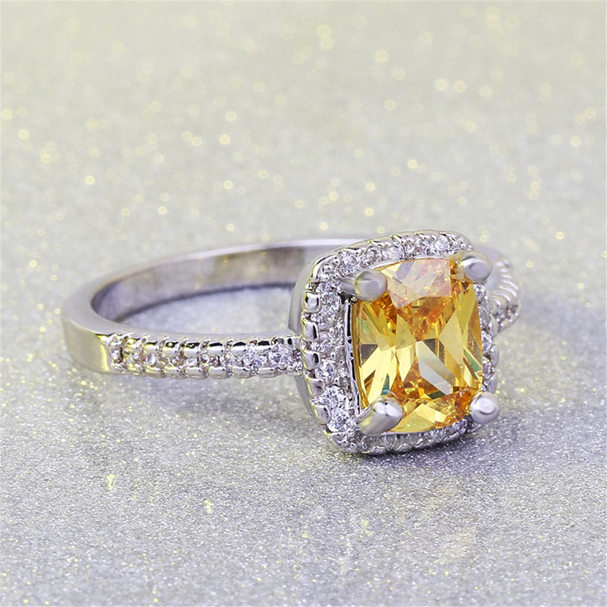 Yellow Crystal and Silver-Plated Square-Cut Ring, silver statement rings for women, vintage-inspired design, detail close-up