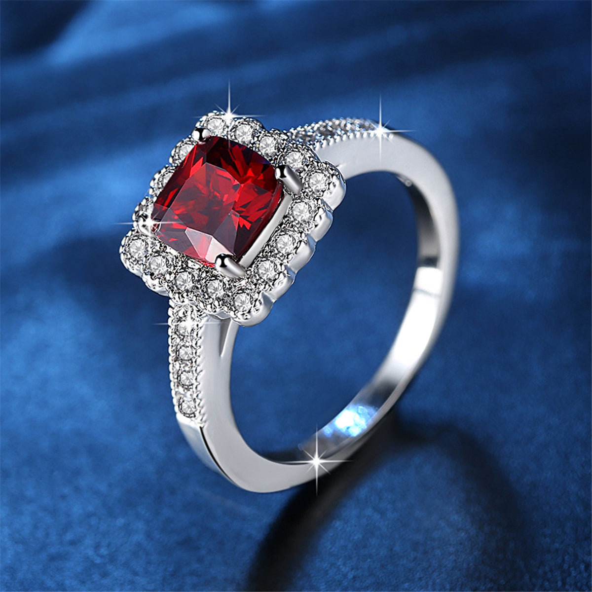 Red Crystal and Cubic Zirconia Cushion-Cut Hola Ring, statement rings for women, vintage-inspired design, detail close-up