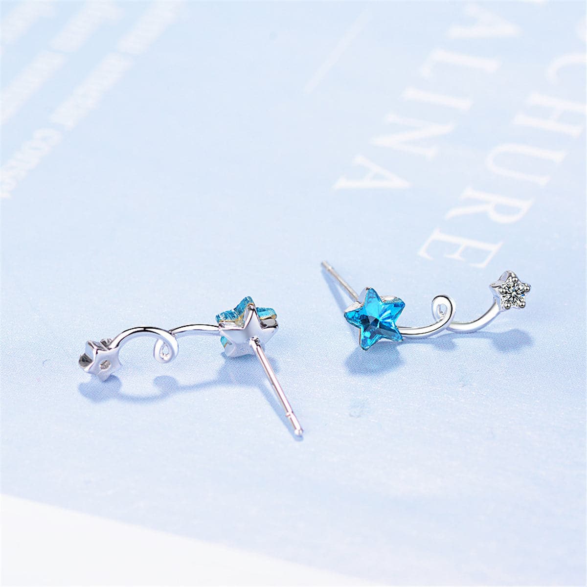 Blue Crystal & Cubic Zirconia Star Ear Climbers