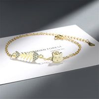 Cubic Zirconia & 18k Gold-Plated Fishbone & Cat Charm Bracelet