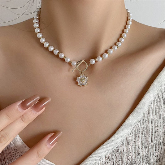 Pearl and Crystal Snowflake Pendant Toggle Choker Necklace, pendant necklace for women, botanical inspired, front view