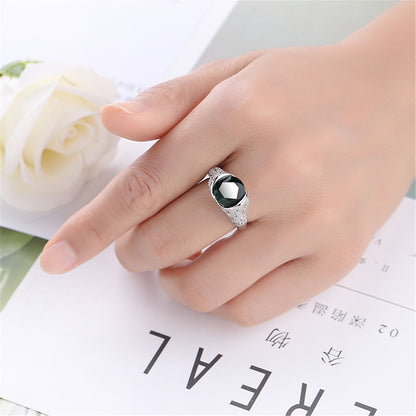 Green Crystal and Silver-Plated Bezel Ring, silver statement rings for women, dainty minimalist design, styled look
