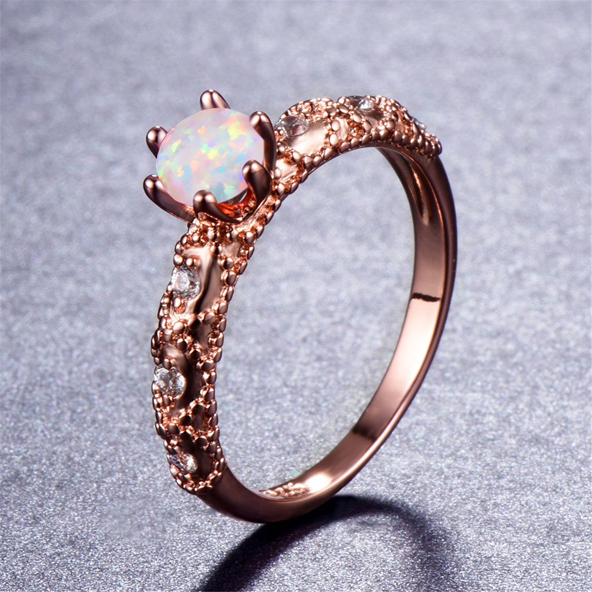 Cubic Zirconia and Opal Round 18k Rose Gold-Plated Solitaire Ring, rose gold statement rings for women, detail close-up