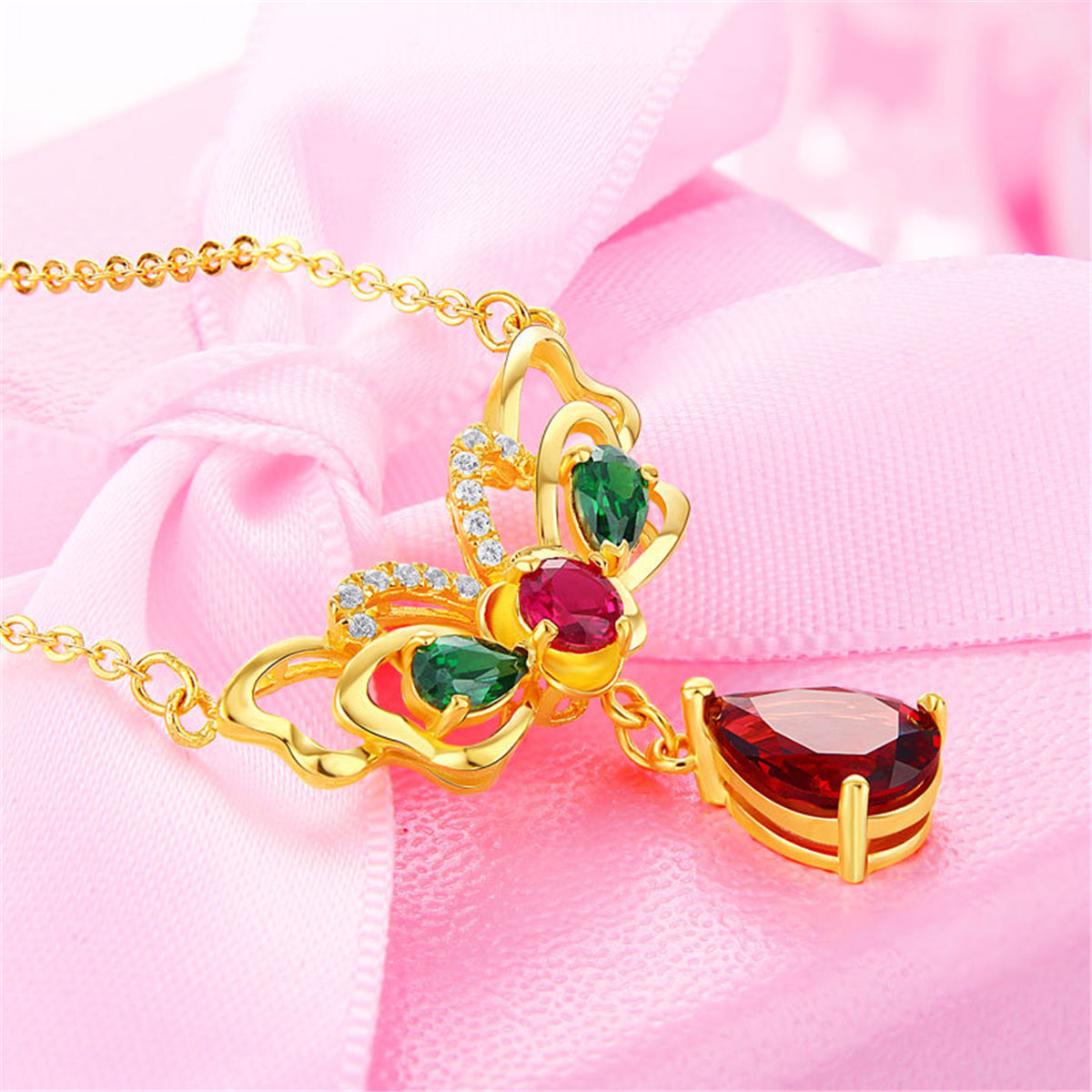 Red Crystal and Cubic Zirconia Butterfly Pendant Necklace, pendant necklace for women, vintage-inspired design, styled look