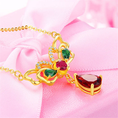 Red Crystal and Cubic Zirconia Butterfly Pendant Necklace, pendant necklace for women, vintage-inspired design, styled look