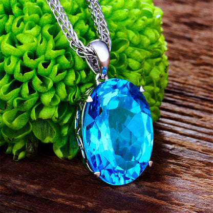 Blue Crystal and Silver-Plated Oval-Cut Pendant Necklace, silver pendant necklace for women, everyday style, lifestyle look