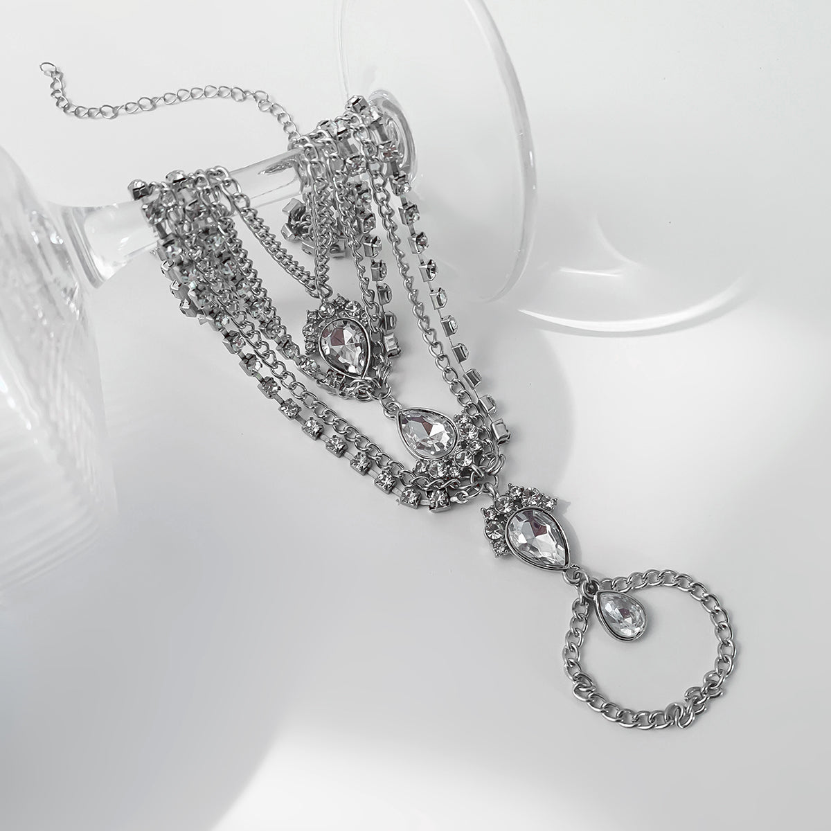 Cubic Zirconia and Crystal Silver-Plated Layered Toe Ring Anklet, silver statement rings for women, detail close-up