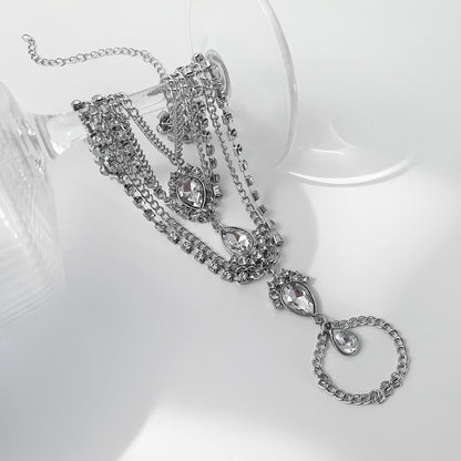 Cubic Zirconia and Crystal Silver-Plated Layered Toe Ring Anklet, silver statement rings for women, detail close-up