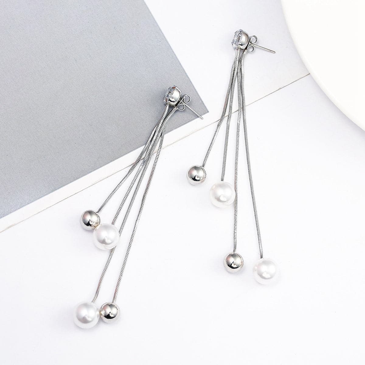 Pearl and Cubic Zirconia Silver-Plated Ball Tassel Drop Earrings, silver drop earrings for women, front view