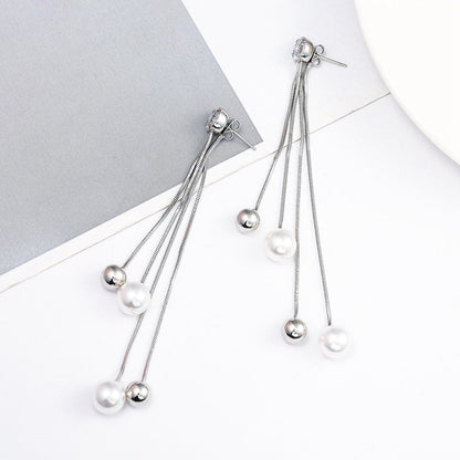 Pearl and Cubic Zirconia Silver-Plated Ball Tassel Drop Earrings, silver drop earrings for women, front view