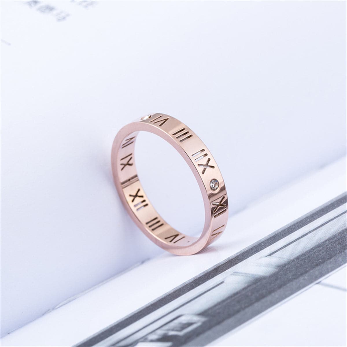 Cubic Zirconia and 18K Rose Gold-Plated Roman Numeral Band Ring, rose gold statement rings for women, lifestyle look