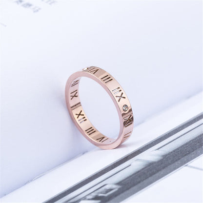 Cubic Zirconia and 18K Rose Gold-Plated Roman Numeral Band Ring, rose gold statement rings for women, lifestyle look