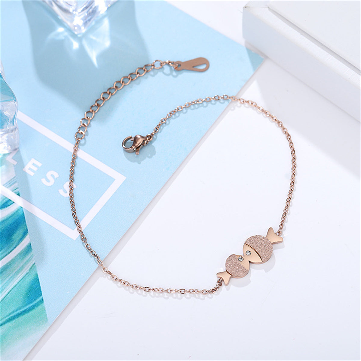 18K Rose Gold-Plated and Cubic Zirconia Double Frosted Fish Anklet, rose gold anklet bracelet, everyday style, lifestyle look