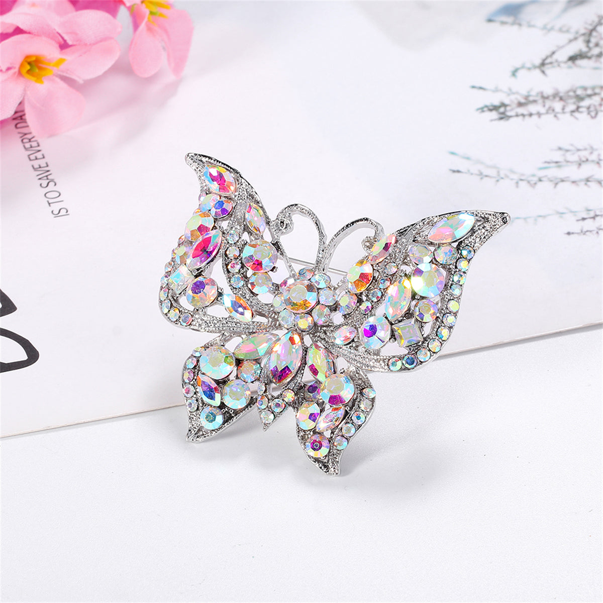 Red and Multicolor Cubic Zirconia Silver-Plated Butterfly Brooch, silver brooch pin, botanical inspired, front view