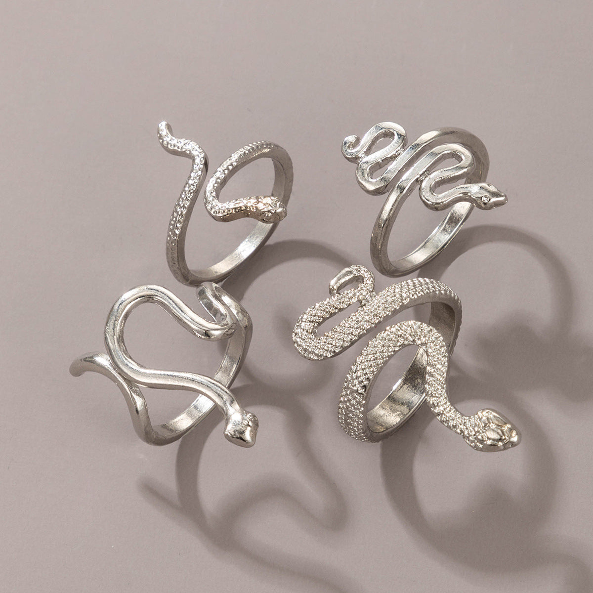 Silver-Plated Textured Snake Ring Set, silver statement rings for women, botanical inspired, side view