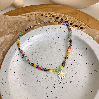White Enamel and Multicolor Acrylic 18K Gold-Plated Daisy Pendant Beaded Necklace, gold pendant necklace..., detail close-up
