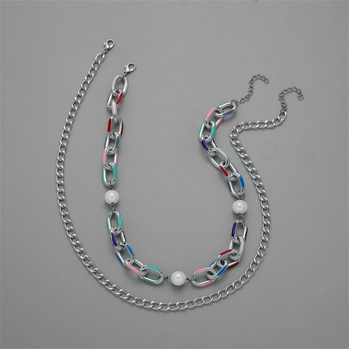 Pearl and Silver-Plated Curb Chain Necklace Set, jewelry gift sets for women, vintage-inspired design, side view