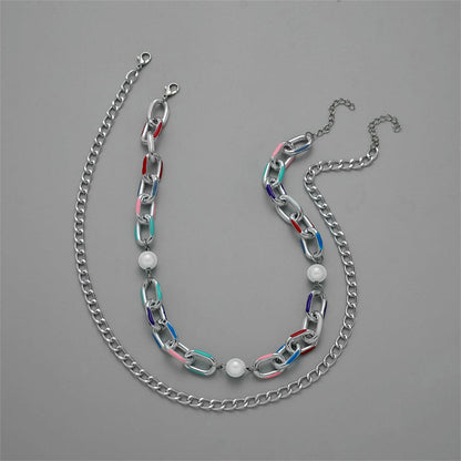 Pearl and Silver-Plated Curb Chain Necklace Set, jewelry gift sets for women, vintage-inspired design, side view