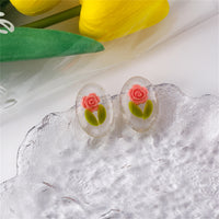 Pink & Green Rose Oval Stud Earrings