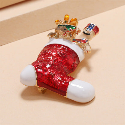 Red Enamel and 18K Gold-Plated Christmas Stocking Brooch, gold brooch pin, dainty minimalist design, detail close-up