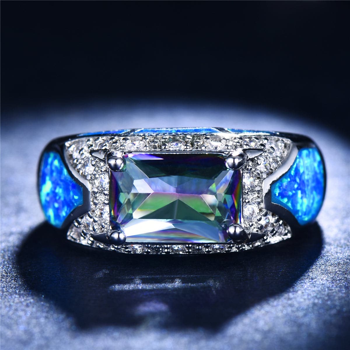 Blue Opal & Crystal Rectangle Ring