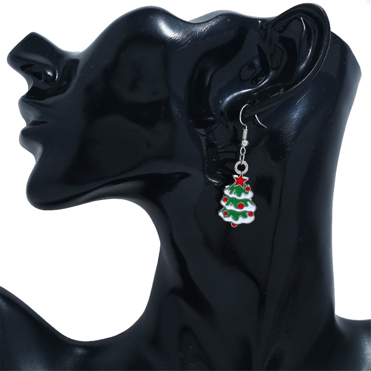 Green Enamel & Silver-Plated Christmas Tree Drop Earrings