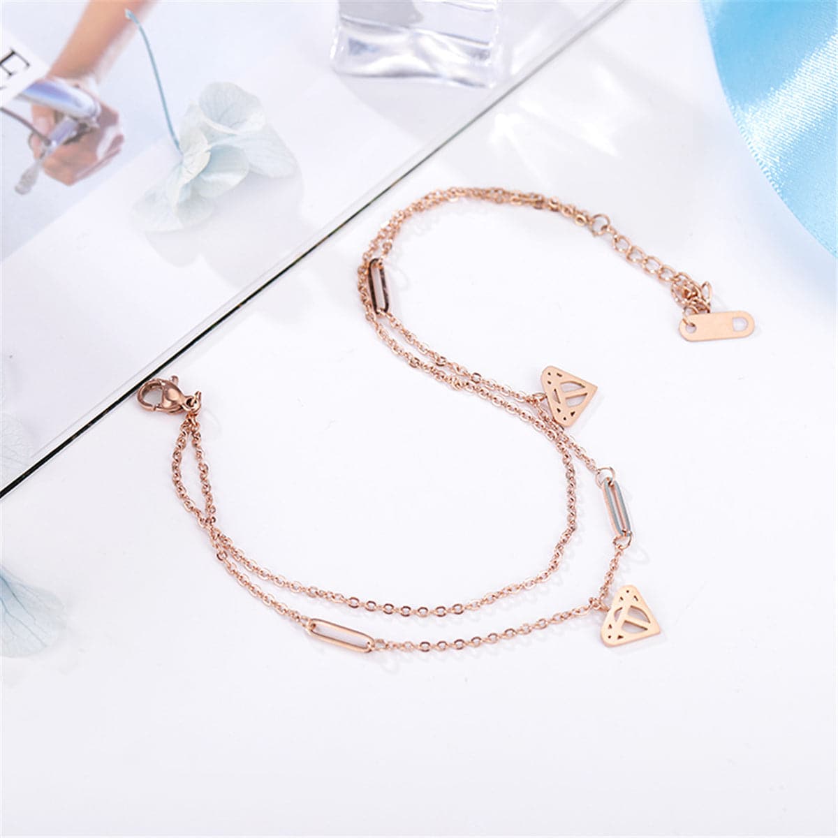 18K Rose Gold-Plated Heart Layer Anklet, rose gold anklet bracelet, everyday style, lifestyle look