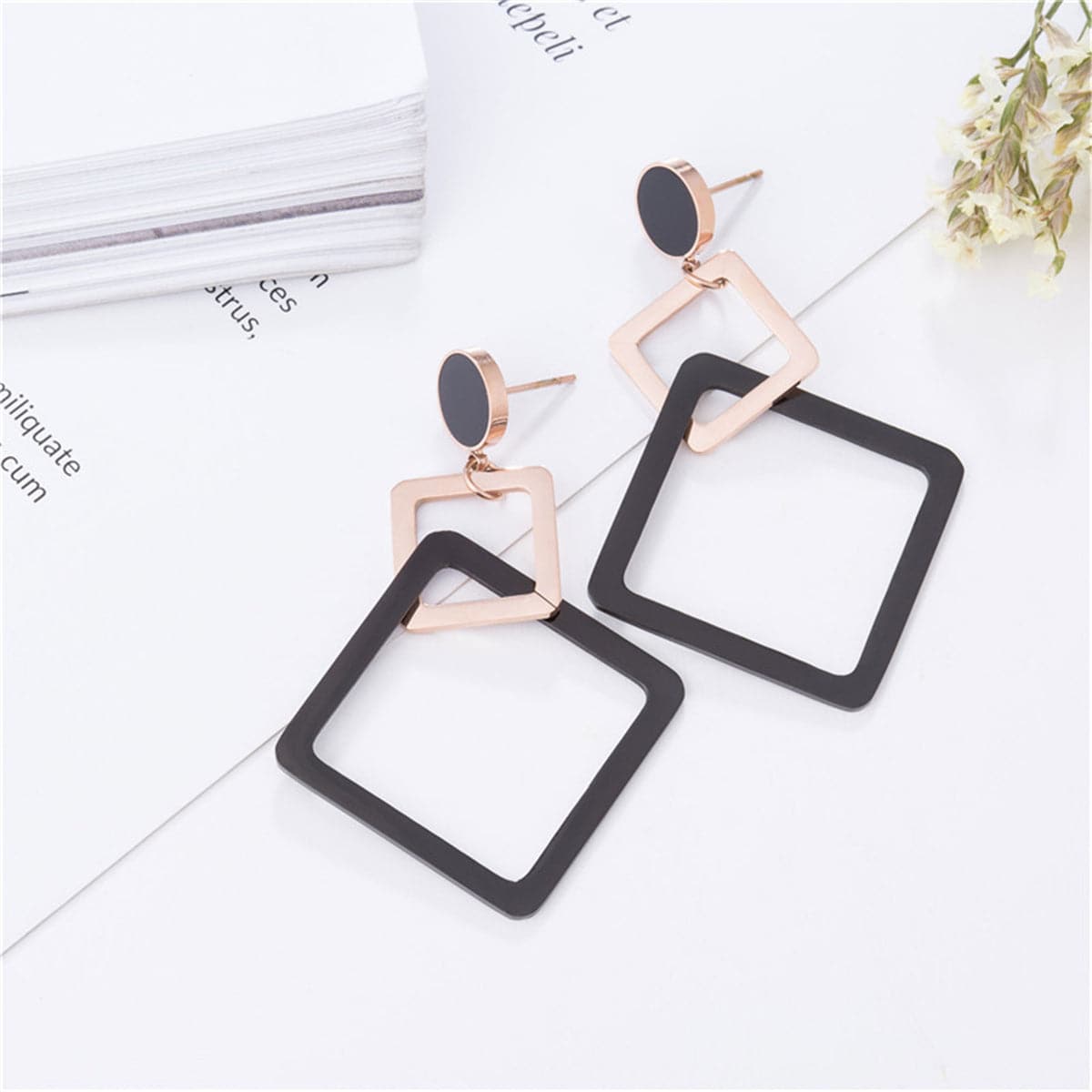 18K Rose Gold-Plated and Black Double Open Rhombus Drop Earrings, rose gold drop earrings for women, front view