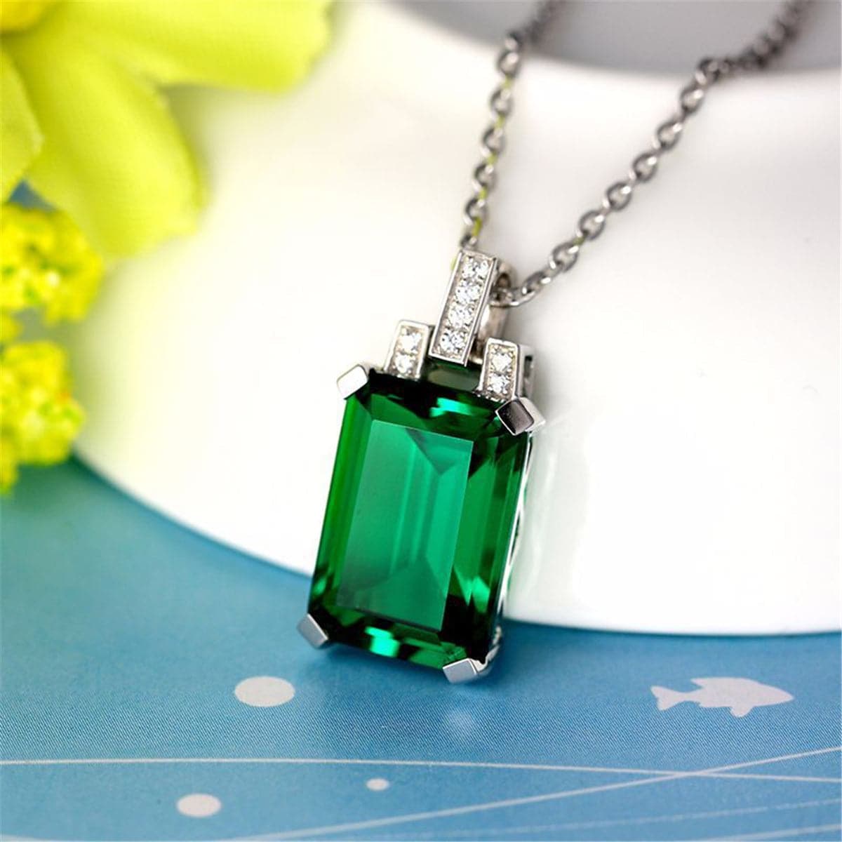 Green Crystal & cubic zirconia Emerald-Cut Pendant Necklace - streetregion
