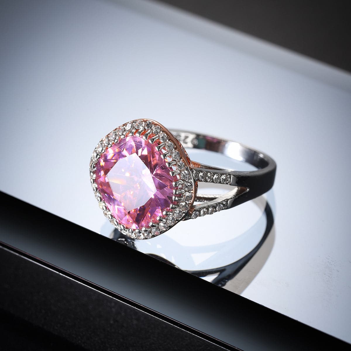 Pink Crystal and Two Tone Cushion-Cut Halo Ring, statement rings for women, botanical inspired, detail close-up