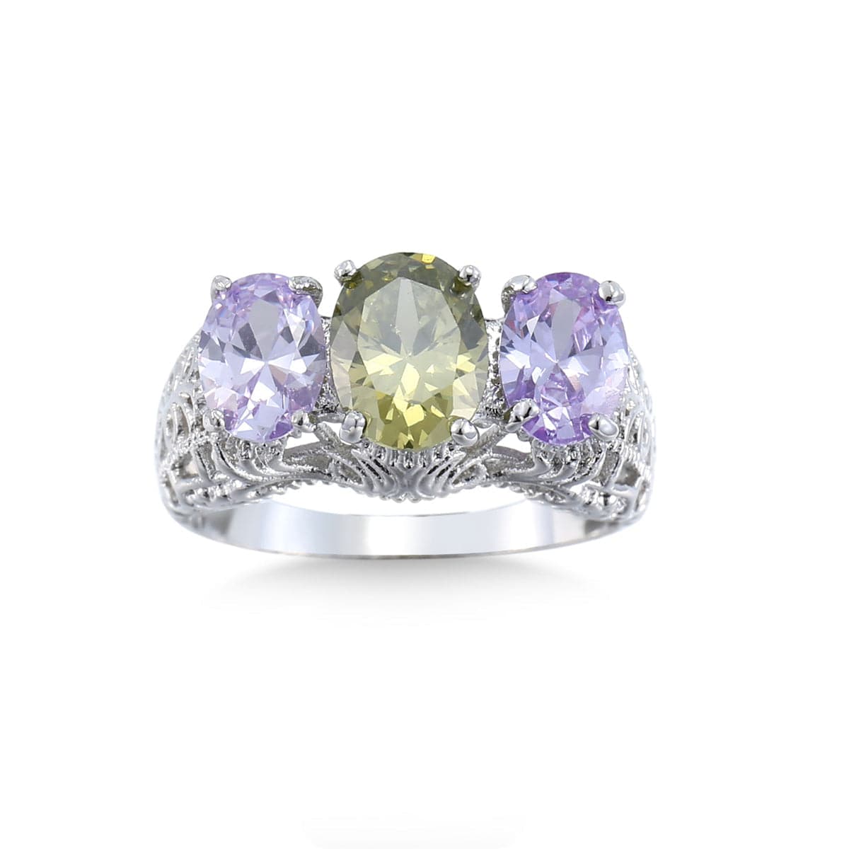 Purple Crystal & Silver-Plated Triple Oval Filigree Ring