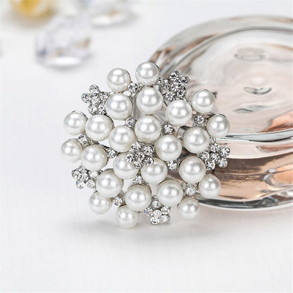 Pearl and Cubic Zirconia Silver-Plated Flower Brooch, silver brooch pin, dainty minimalist design, detail close-up