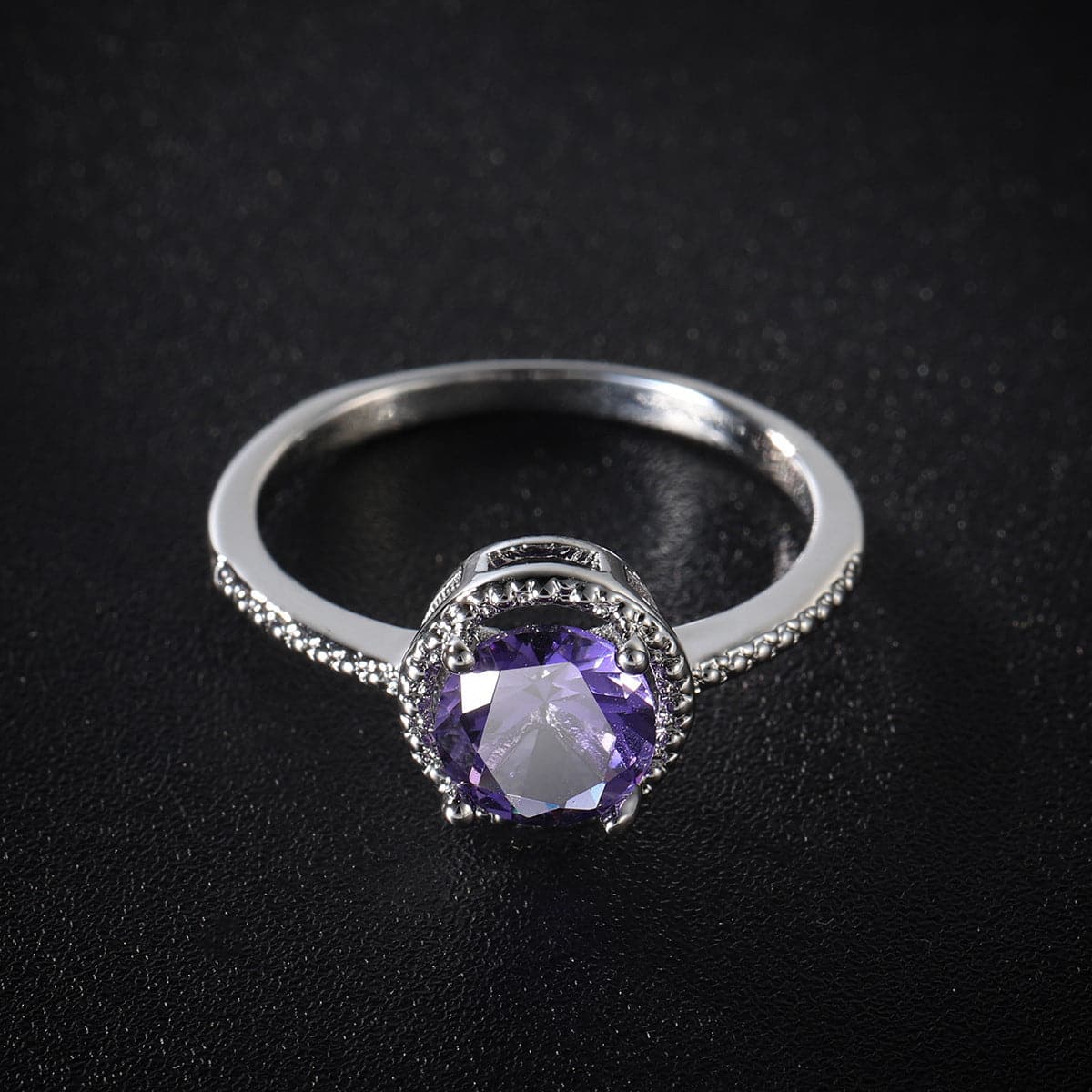 Purple Crystal & Cubic Zirconia Silver-Plated Halo Ring
