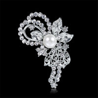 Imitation Pearl & Cubic Zirconia Leaf Filigree Brooch