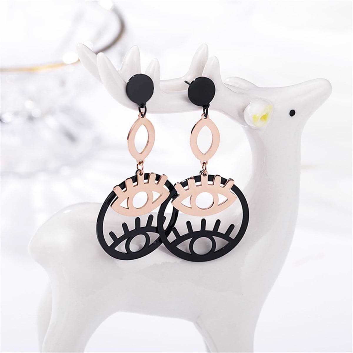Black and 18K Rose Gold-Plated Double Eyes Drop Earrings, rose gold drop earrings for women, lifestyle look