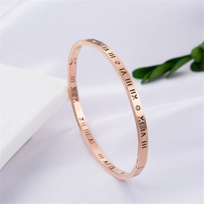 Cubic Zirconia and 18K Rose Gold-Plated Roman Numeral Bangle, rose gold bangle bracelet, everyday style, detail close-up