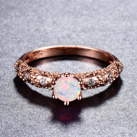Cubic Zirconia and Opal Round 18k Rose Gold-Plated Solitaire Ring, rose gold statement rings for women, front view
