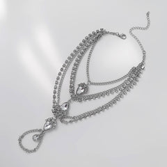 Cubic Zirconia & Crystal Silver-Plated Layered Toe Ring Anklet