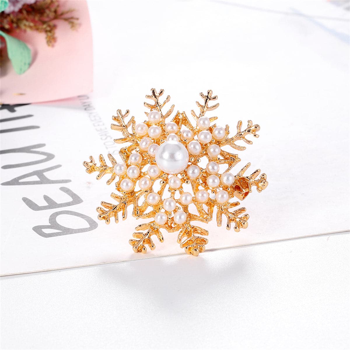 Pearl and 18K Gold-Plated Snowflake Brooch, gold brooch pin, everyday style, lifestyle look