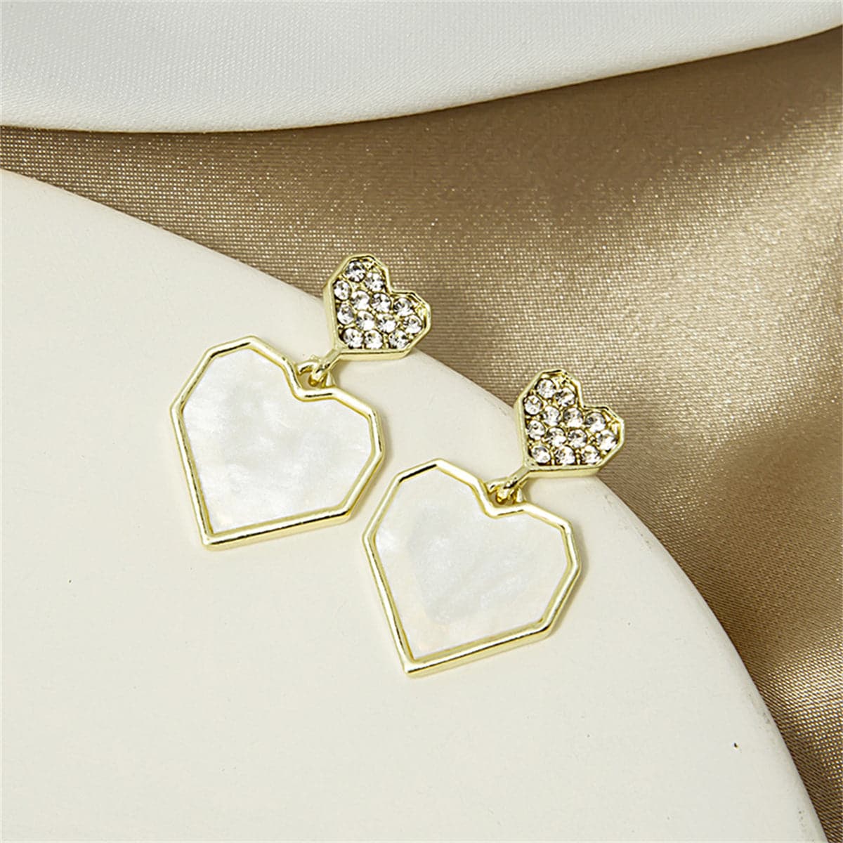 Cubic Zirconia and Shell 18K Gold-Plated Double Heart Drop Earrings, gold drop earrings for women, side view