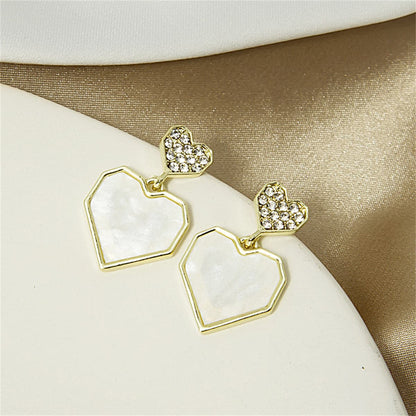 Cubic Zirconia and Shell 18K Gold-Plated Double Heart Drop Earrings, gold drop earrings for women, side view