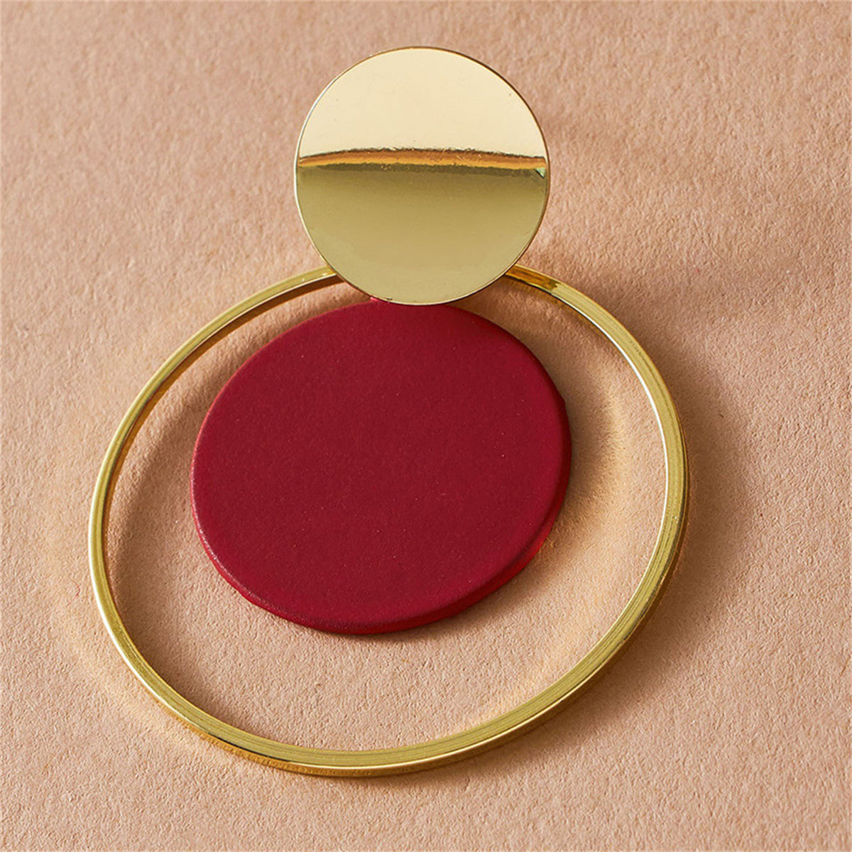Red Emamel and 18K Gold-Plated Circle Drop Earring, gold drop earrings for women, botanical inspired, detail close-up